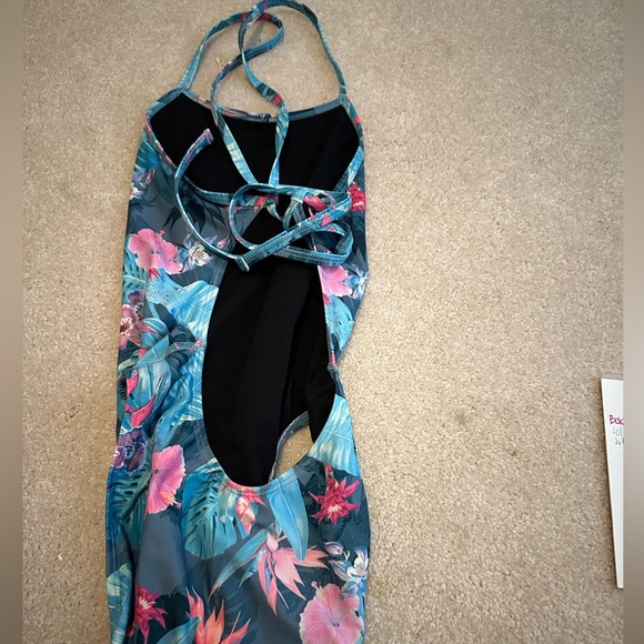 Jolyn onesie bathing suit Hawaiian print floral blue and pink swimsuit size 26 - Picture 2 of 2